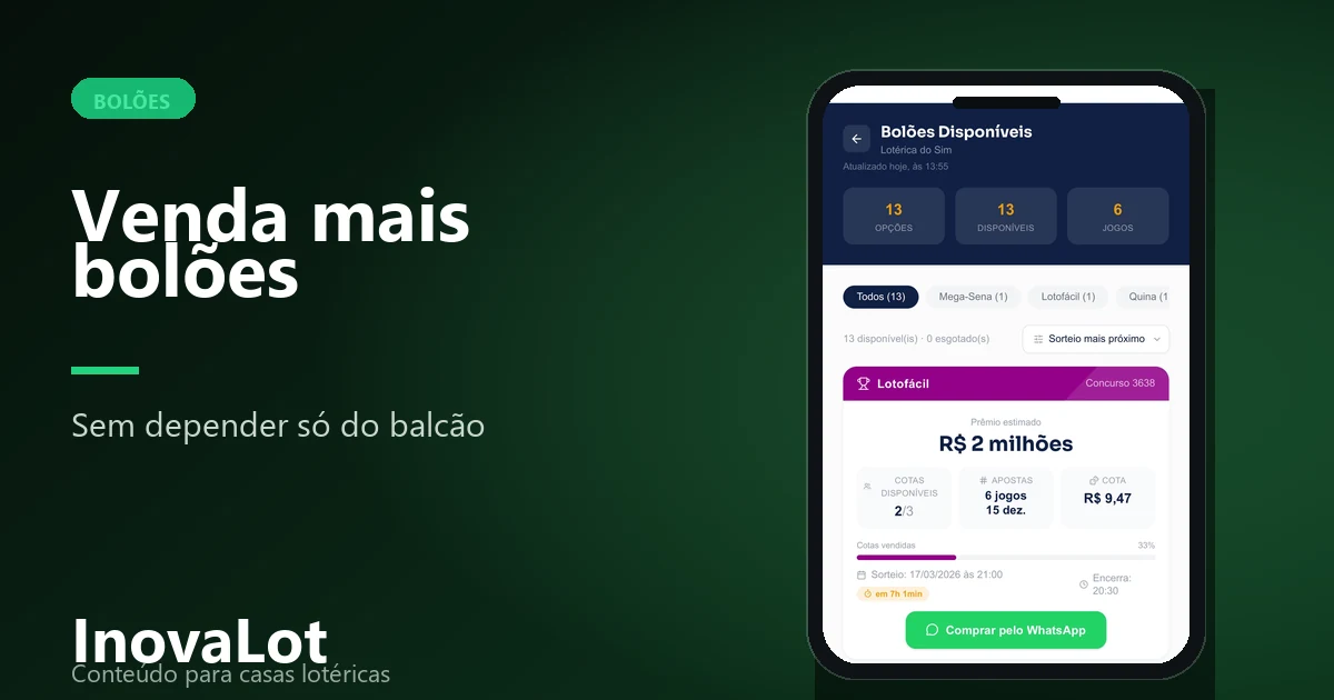 Tela mobile com bolões disponíveis para venda em uma lotérica.