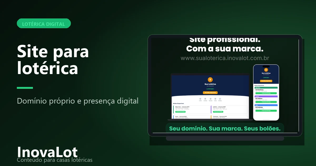 Mockup de site responsivo para lotérica em notebook e celular.